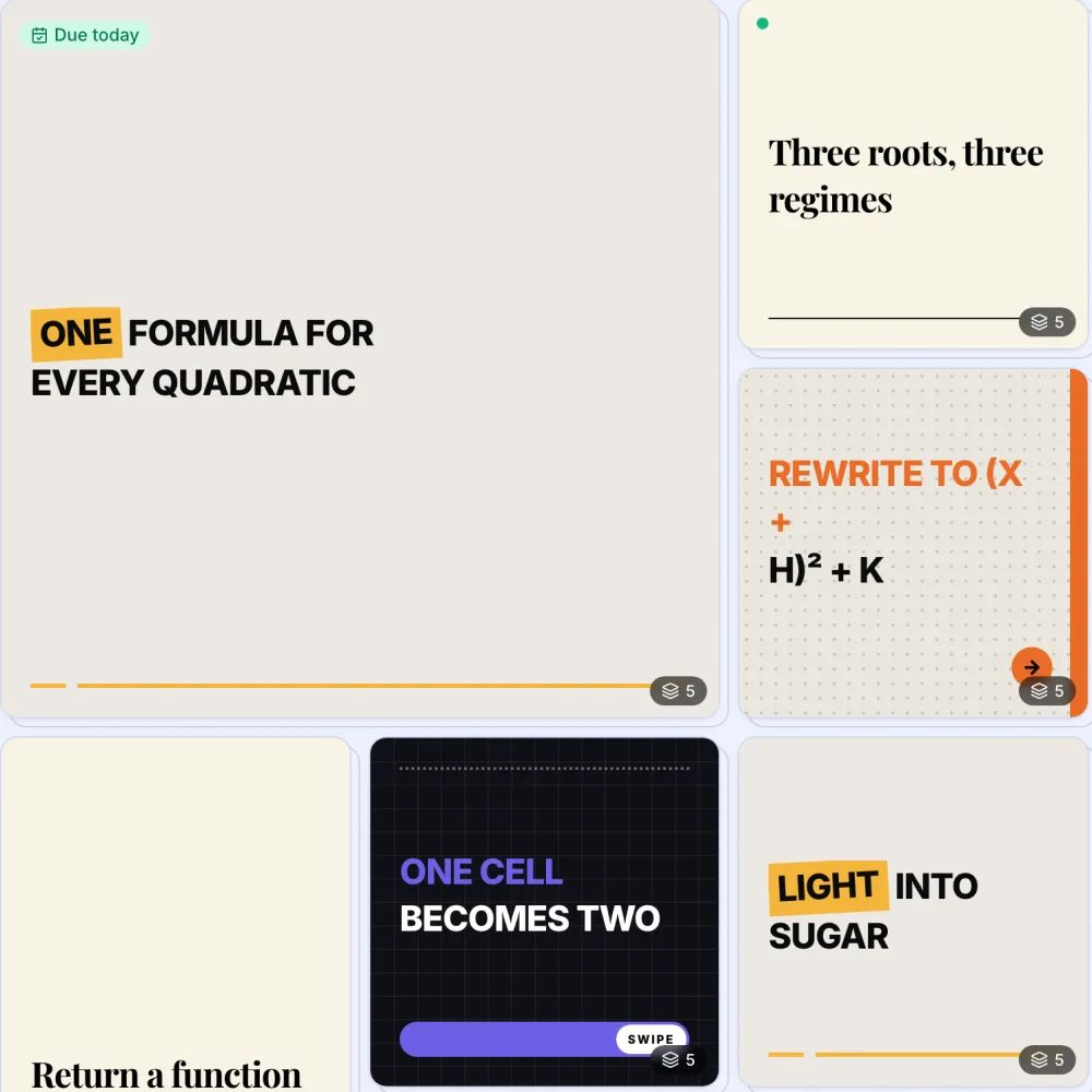 Quick Bytes tiles: bold one-line covers for concepts like 'One formula for every quadratic' and 'Light into sugar', one marked Due today